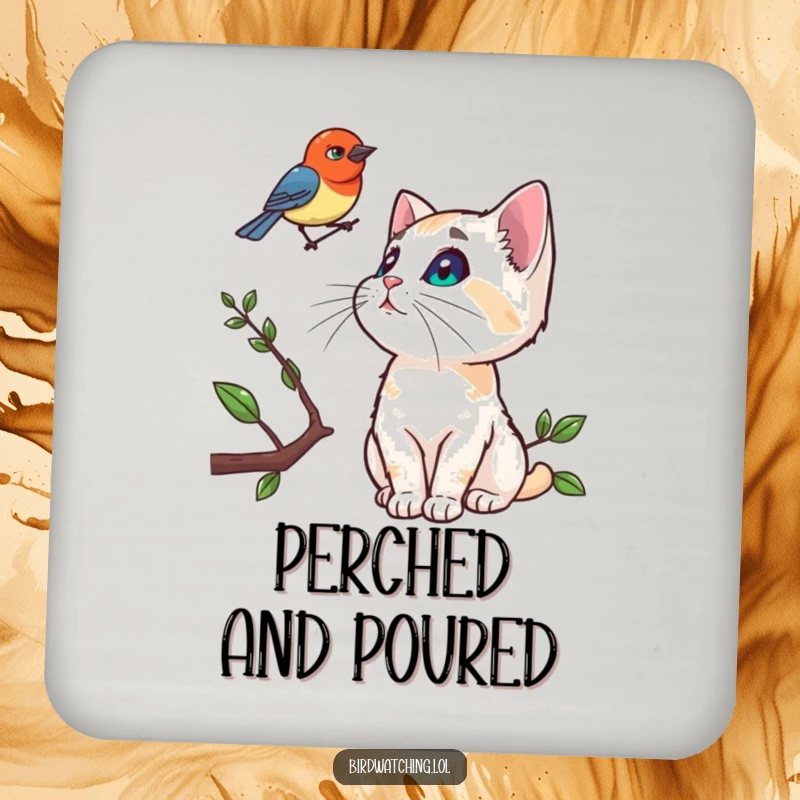Funny drink coaster with a curious cat watching a bird on a branch, protecting tables with humor.