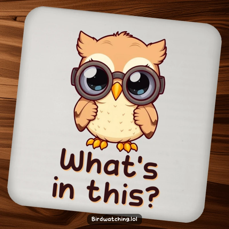 Funny curious owl drink coasters with a happy owl peering through binoculars with wide, curious eyes, humorous protection and gift.