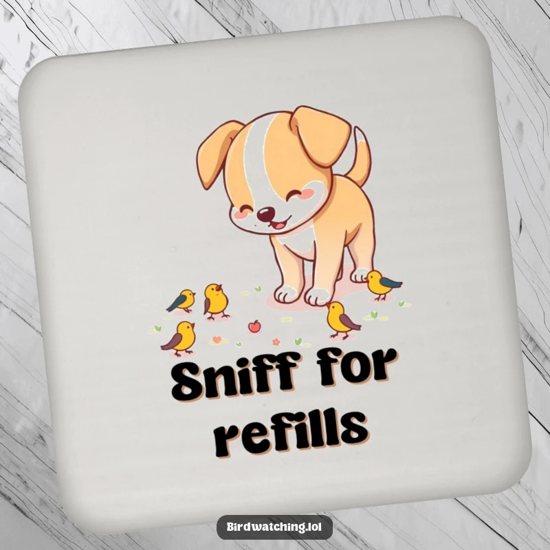 Funny dog coaster, a playful dog sniffing the ground excitedly, protecting your surfaces with canine charm and humor.