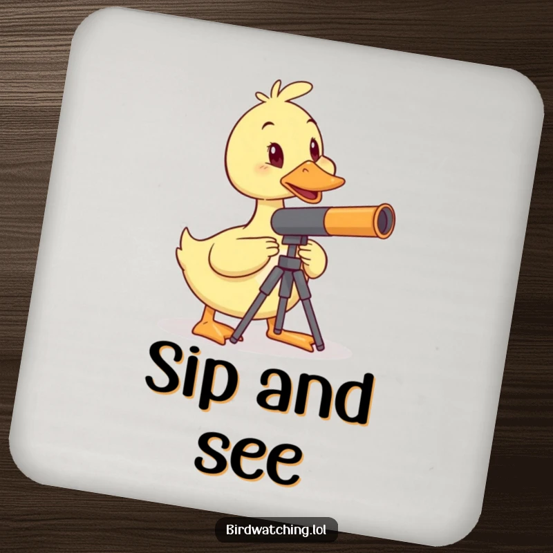 Funny duck telescope coaster set, wobbly duck balancing, protecting surfaces, humorous home decor gift.