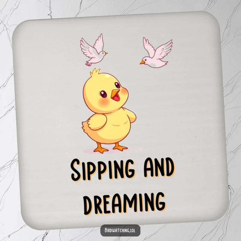 Funny duckling drink coaster, delightedly watching a bird fly. Protects surfaces with charm.