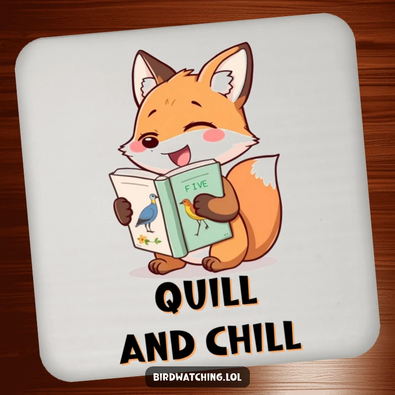 Funny drink coaster with a gleeful fox hugging a bird identification book, protecting tables with a smile.