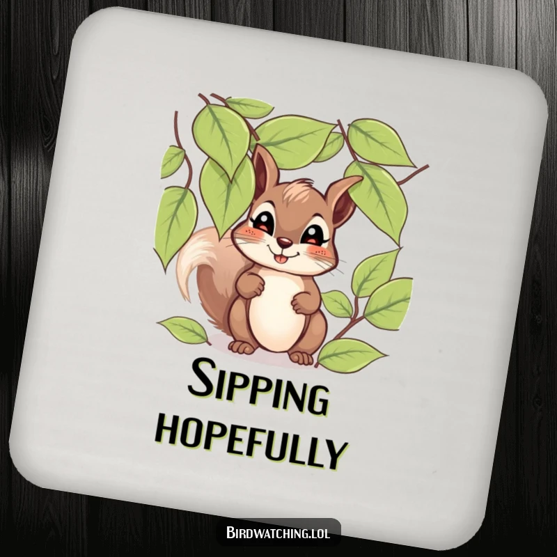 Funny giggling squirrel drink coaster featuring a happy squirrel peeking through leaves, hopeful and giggling expression, for protection.