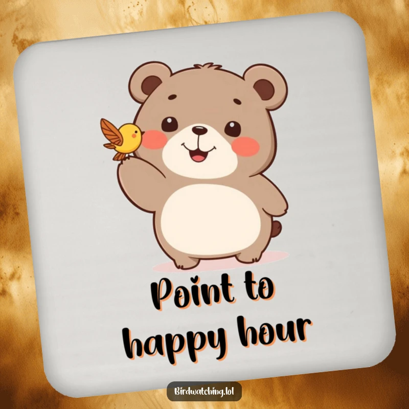 Funny drink coaster with a happy bear pointing excitedly at a fluttering bird, guarding your drink.