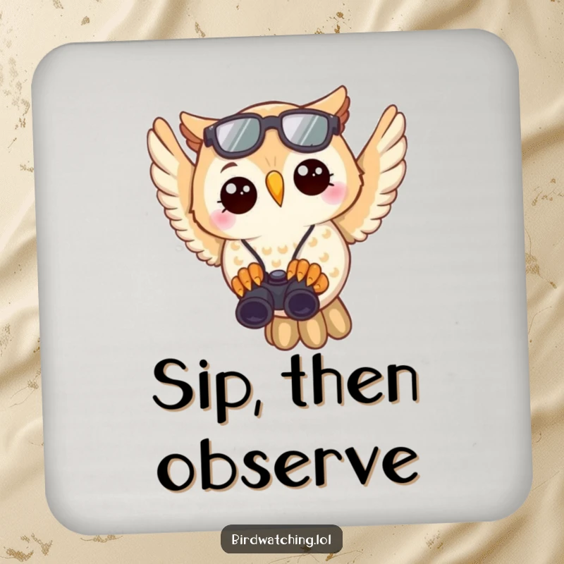 Funny Owl Birdwatcher Coasters: Joyful owl with binoculars, protecting surfaces with nature's humor and style.
