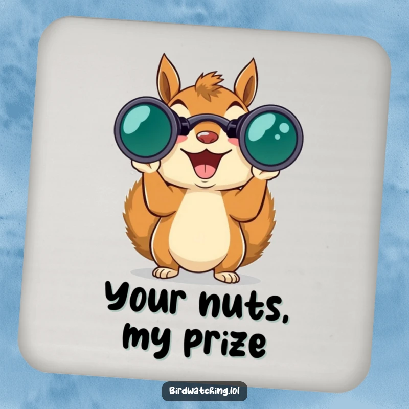 Funny excited squirrel with binoculars, guarding your drinks, charming and protective drink coaster.