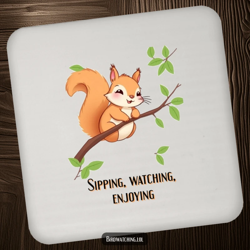 Funny squirrel drink coaster, cheerfully observing from a branch. Protects surfaces with style.