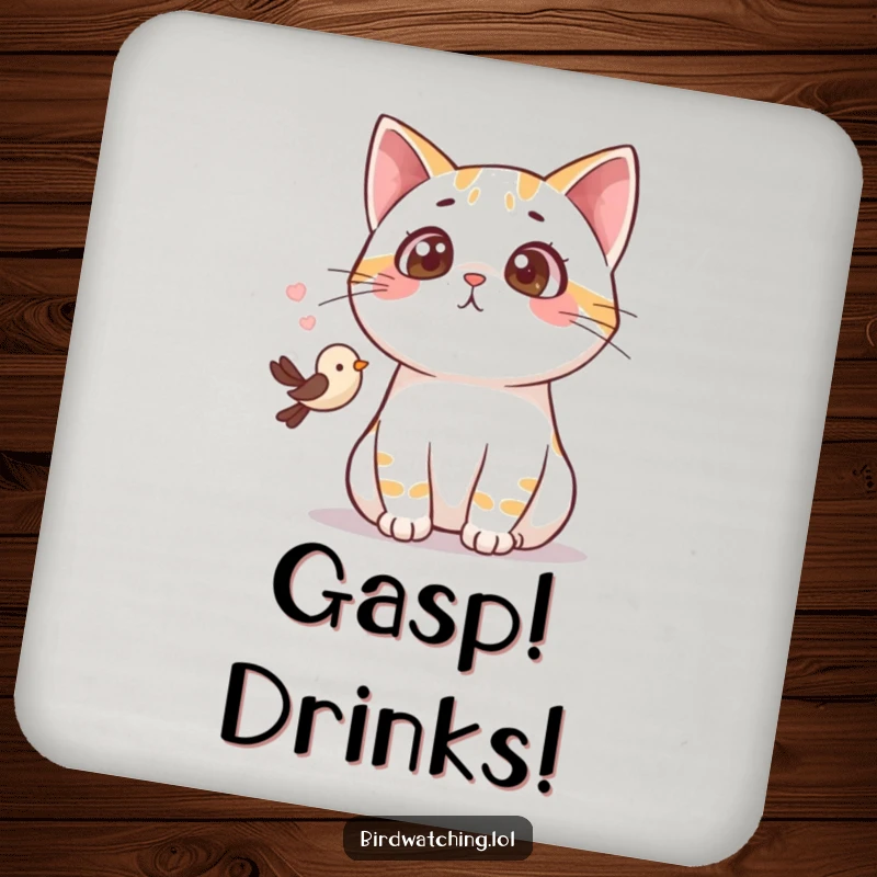 Funny surprised cat drink coasters, set of coasters showing a cat’s shocked gasp at a small bird, perfect for tables.