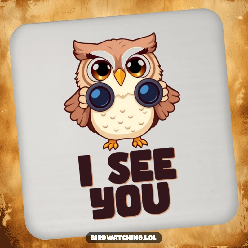 Funny Surprised Owl Coaster: A humorous coaster featuring a surprised owl with binoculars, protecting surfaces with style and comedy.