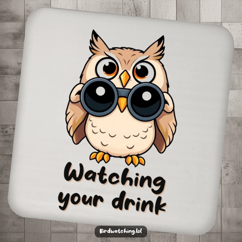 Funny drink coaster with a surprised owl, wide eyes glued to binoculars, ready to spot a spill.