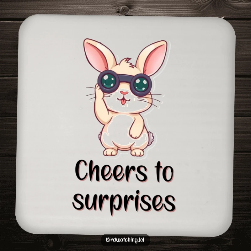 Funny surprised rabbit drink coaster featuring a curious bunny holding binoculars, looking surprised, ideal for surface protection.
