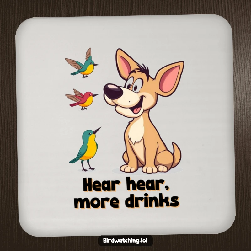 Funny Drink Coaster showing a goofy dog tilting its head to listen, a humorous and protective accessory.