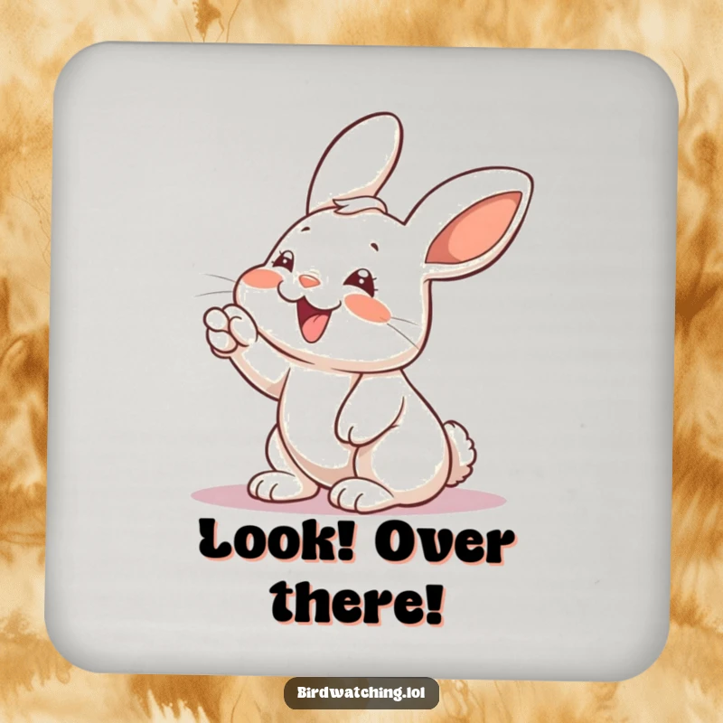 Funny rabbit drink coaster, giggling and pointing with excitement, protecting surfaces with a humorous design.