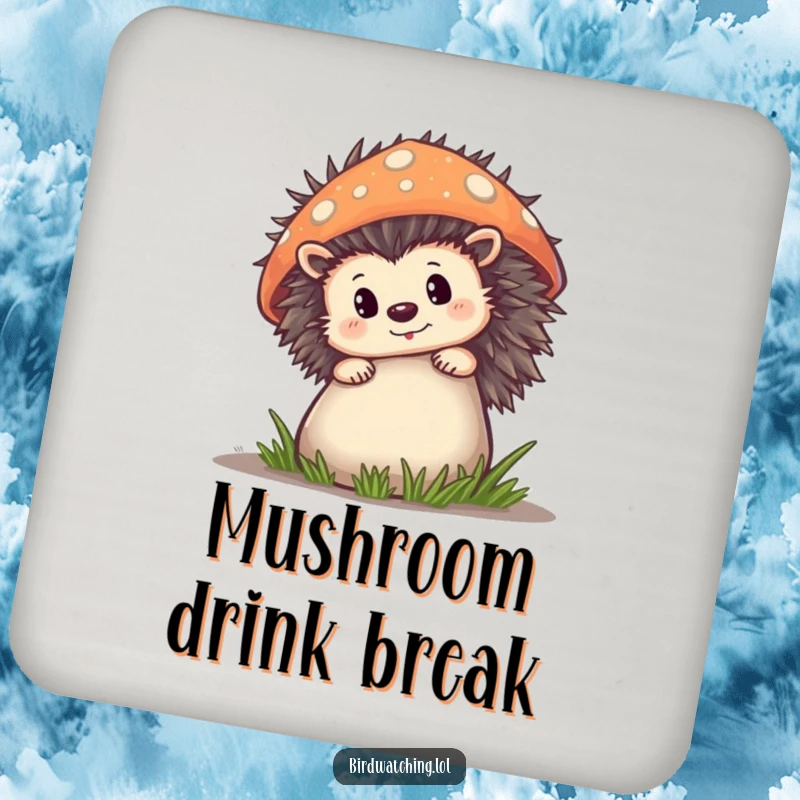 Funny Drink Coaster showing a curious hedgehog peeking from behind a mushroom, a humorous and protective accessory.