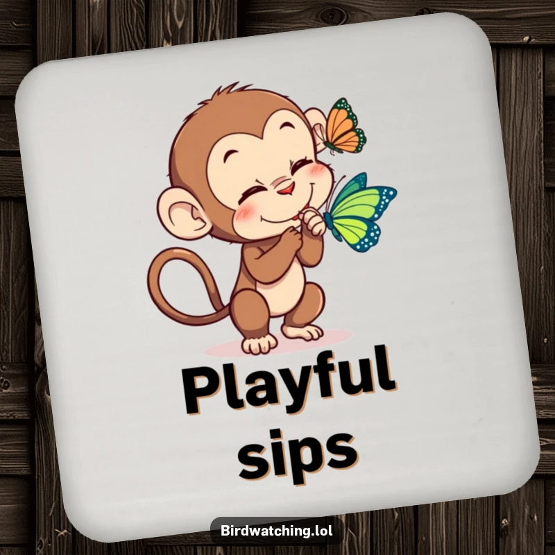 Funny monkey tickle drink coasters, set of coasters featuring a playful monkey tickling a butterfly, perfect for tables.