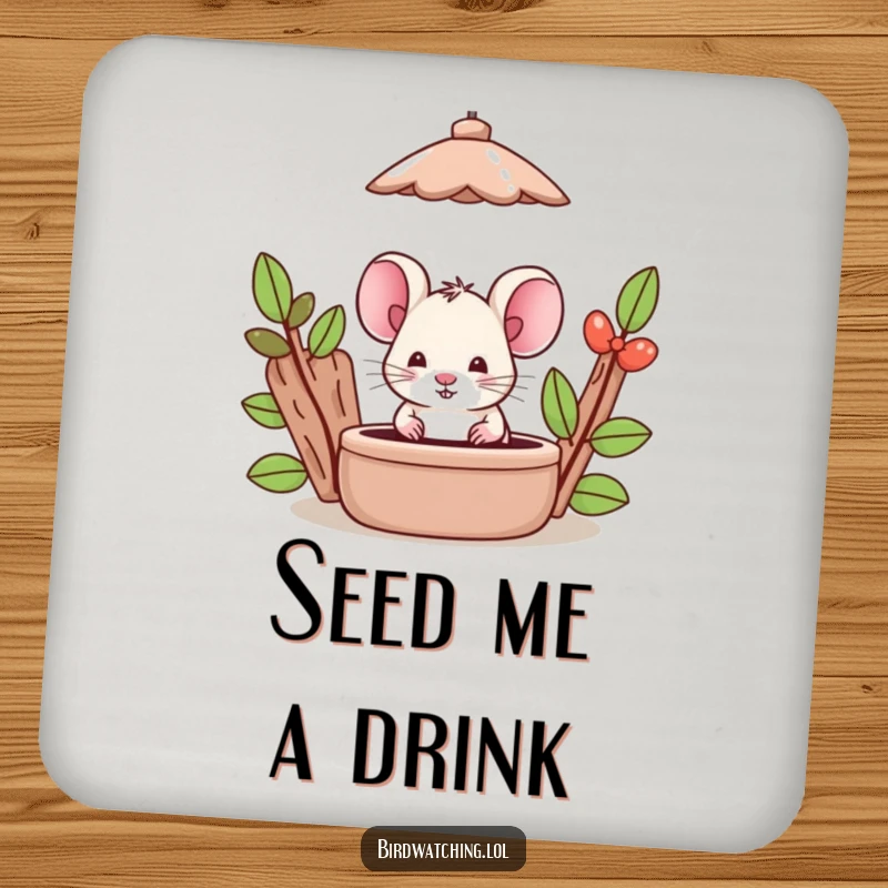 Funny Mouse Drink Coaster: A silly mouse hides behind a bird feeder, observing. Cute and funny.