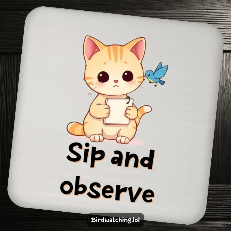 Funny Drink Coasters featuring a curious cat holding a notepad, observing a bird, protecting surfaces humorously.