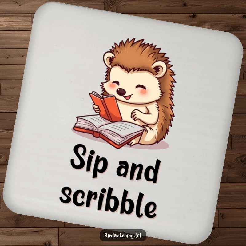 Funny drink coaster showcasing a happy hedgehog journaling, protecting surfaces with a touch of meticulous humor and charm, a perfect gift item.