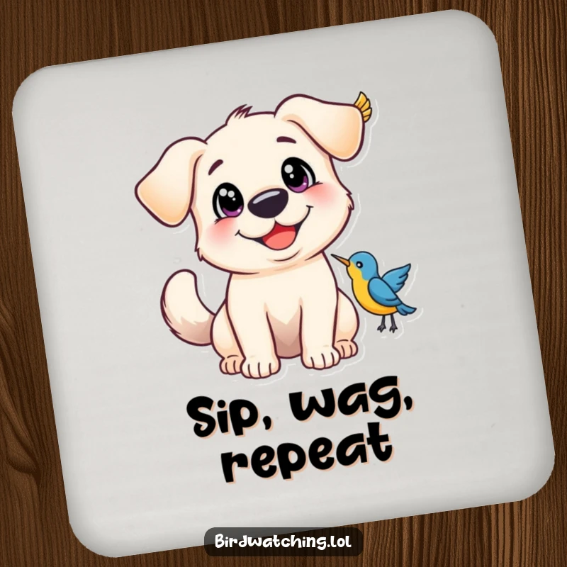 Funny Drink Coasters featuring a happy dog, wide eyes and wagging tail, excited by a bird, humorously.