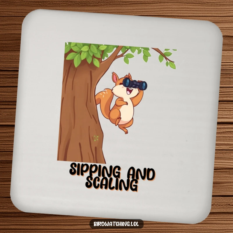Funny Leaping Squirrel Coaster: A humorous coaster featuring a joyful squirrel leaping with binoculars, protecting surfaces with energy.