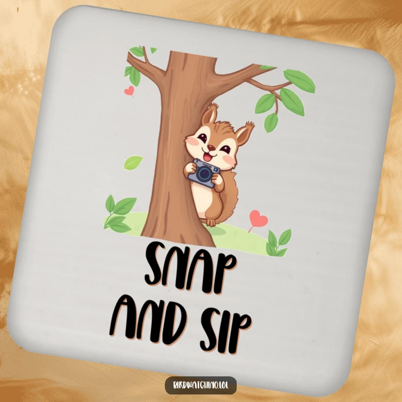 Funny squirrel photographer drink coasters with a joyful squirrel peeking from behind a tree holding a tiny camera, humorous protection and gift.