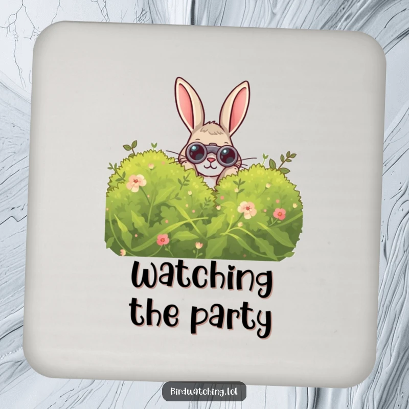 Funny Curious Rabbit Coaster: A humorous coaster featuring a curious rabbit peeking with binoculars, protecting surfaces with charm.