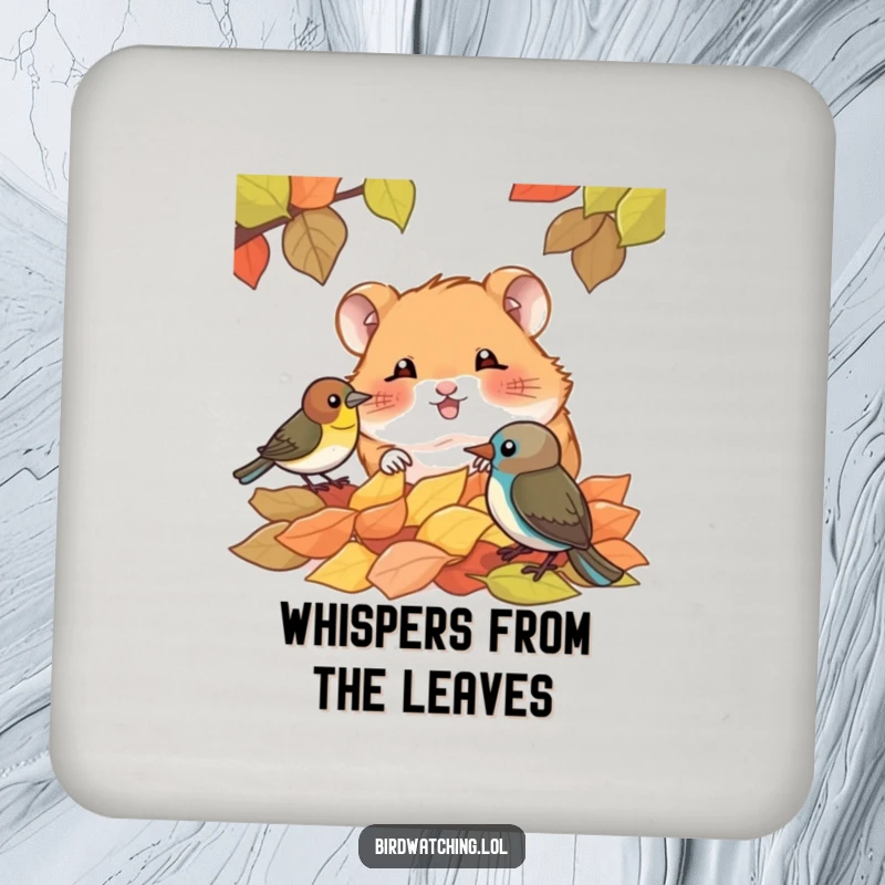 Funny drink coaster with a giggling hamster peeking over leaves at a bird, adding a decorative and humorous touch to tabletops.