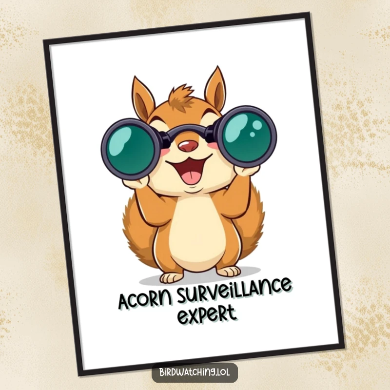 Funny excited squirrel with large binoculars, exploring the natural world, whimsical wall art poster.