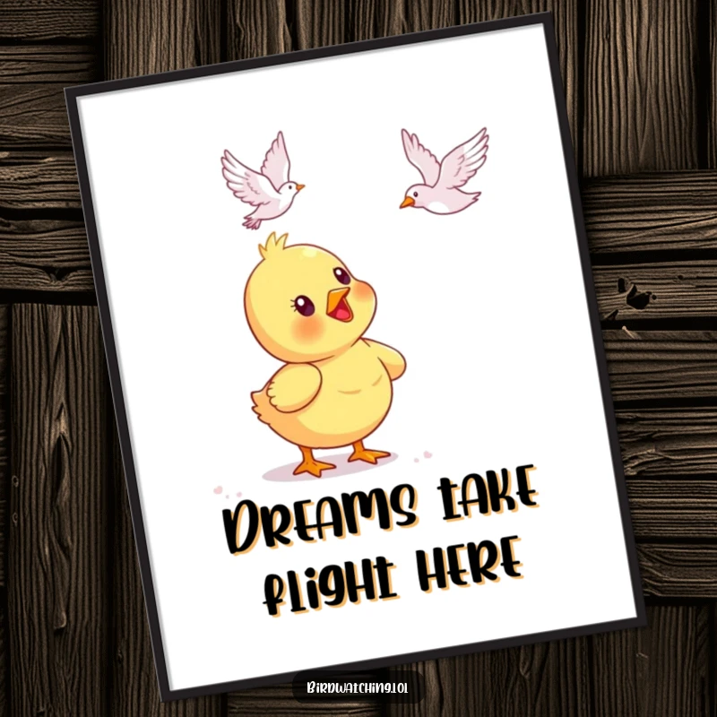 Funny duckling poster, delighted as it watches a bird fly. Evokes innocence and wonder. Beautiful art.