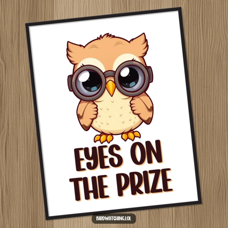 Funny curious owl poster with a happy owl peering through binoculars with wide, curious eyes, humorous wall art and gift.