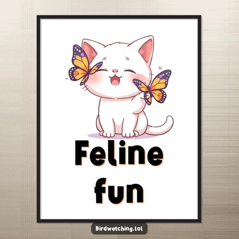 Funny poster art of a giggling cat playfully attempting to shoo away a colorful butterfly, radiating fun.