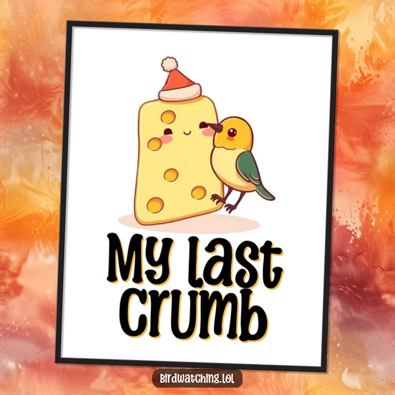 Funny poster print of a slice of cheese wearing a tiny hat, facing a curious bird ready to peck, a humorous and imaginative artwork.
