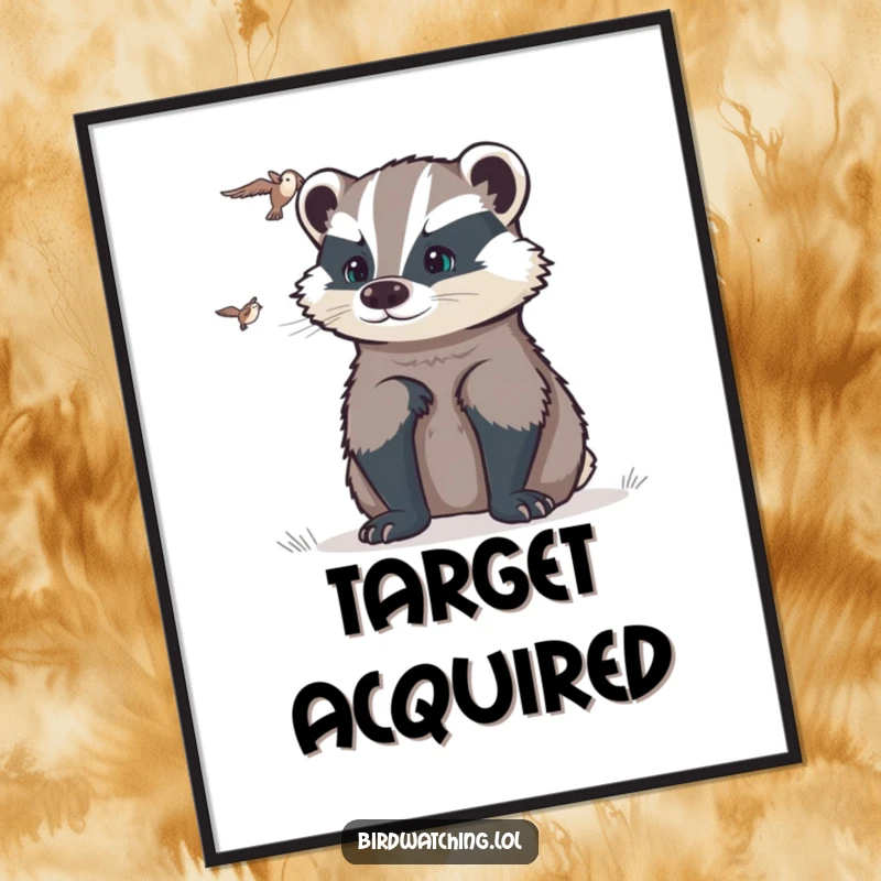 Funny determined badger poster art of a badger intently watching a distant target, conveying focus and humorous intensity, a bold print.