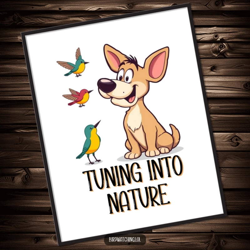 Funny Poster of a goofy dog tilting its head, listening intently to bird calls, perfect for humorous wall decor.
