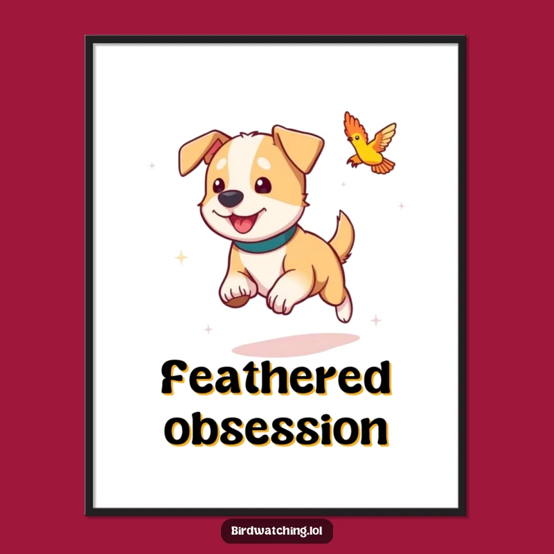 Funny Dog Poster: Playful Bird Chasing Wall Art Gift