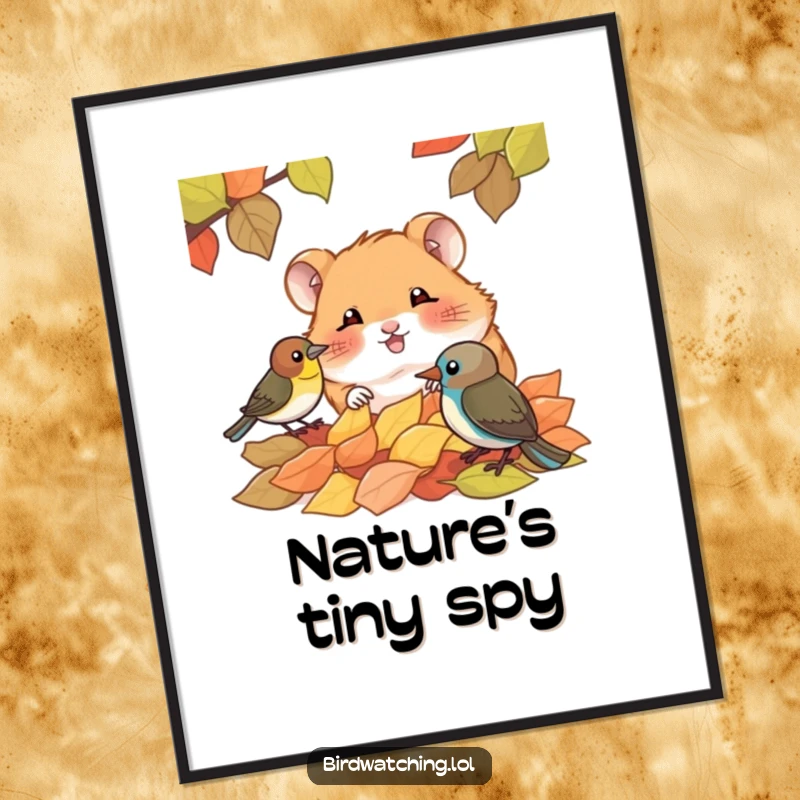 Funny poster depicting a giggling hamster peering over autumn leaves towards a bird, creating a heartwarming and humorous scene for your wall.