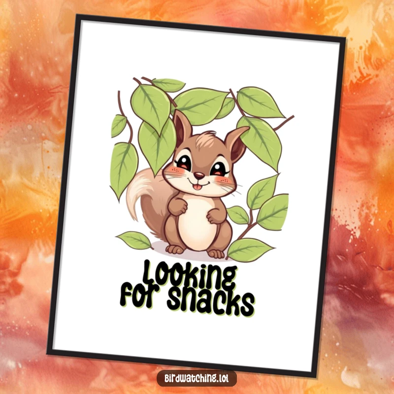 Funny giggling squirrel poster showing a happy squirrel peeking through leaves with a hopeful, giggling expression, for wall decor.