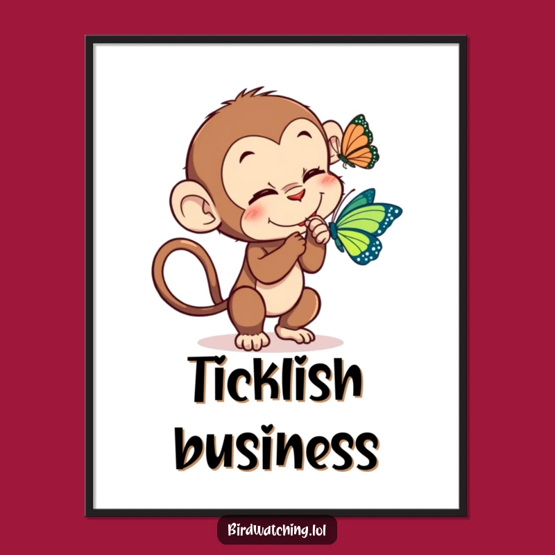 Funny Monkey Tickle Poster: Playful Primate Butterfly Art for Lively Walls