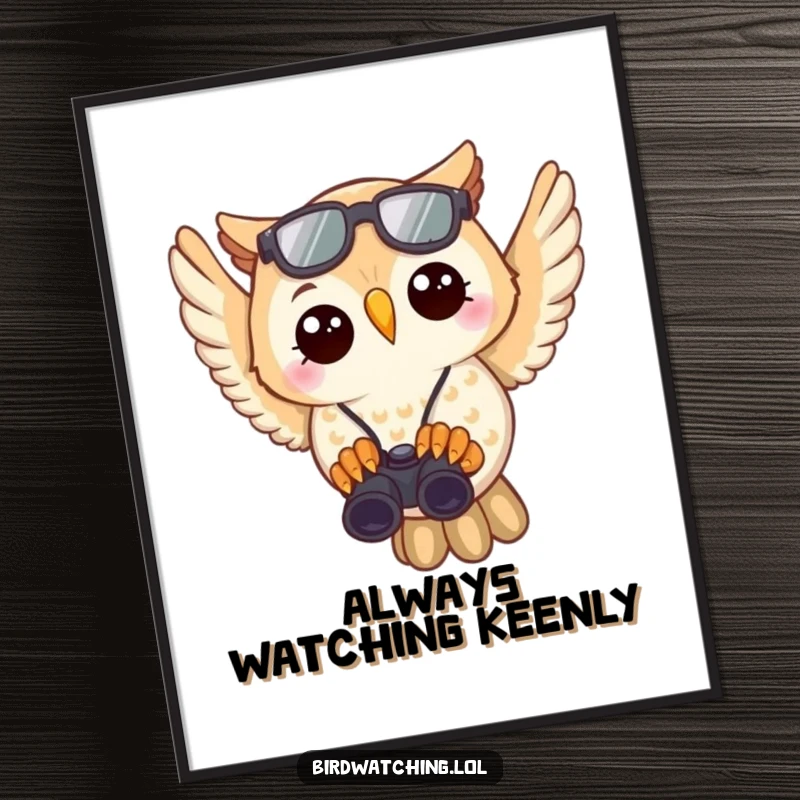 Funny Owl Birdwatcher Poster: Joyful owl flying with binoculars, perfect wall art for bird watching enthusiasts.