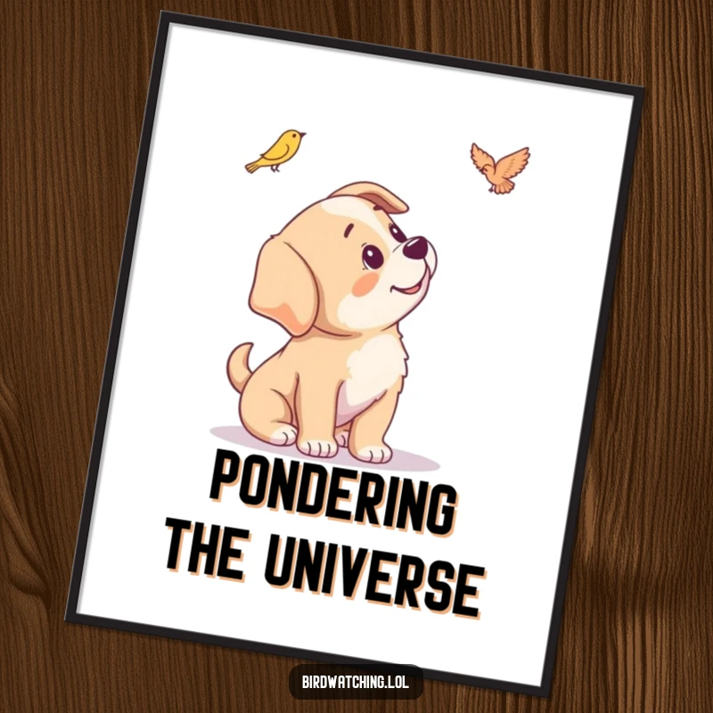 Funny poster print of a playful puppy tilting its head, looking curiously at a small bird afar.