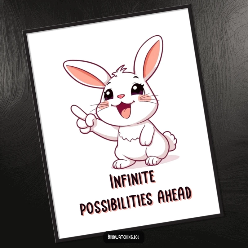 Funny rabbit poster, excitedly pointing upwards to the sky, radiating joy and wonder. Captivating wall art.