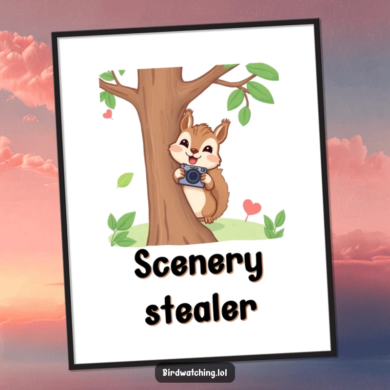 Funny squirrel photographer poster with a joyful squirrel peeking from behind a tree holding a tiny camera, humorous wall art and gift.