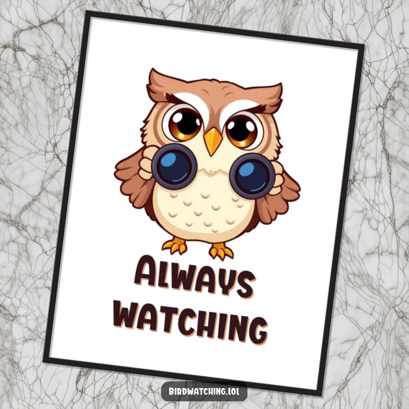 Funny Surprised Owl Poster: A funny and charming wall art piece of an owl with binoculars, captured in a moment of surprise.
