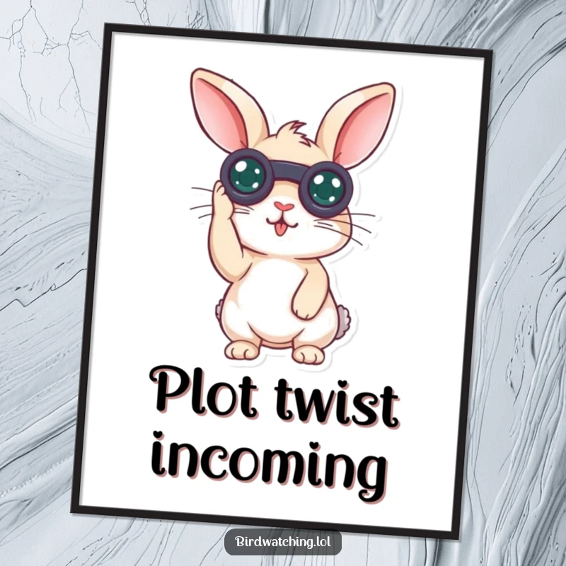 Funny surprised rabbit poster showing a curious bunny holding binoculars to its eyes, looking surprised, for wall decor.