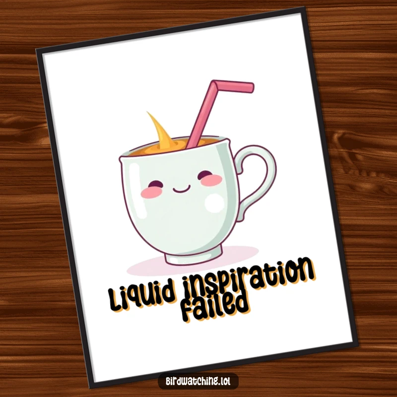 Funny poster print of a cheerful teacup dramatically spilling its content while a straw is balanced on its handle, conveying comical misfortune.