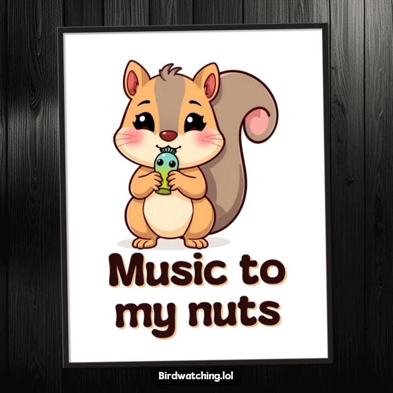 Funny Squirrel Poster: A cheerful squirrel is artfully depicted holding a small bird whistle. Whimsical decor.