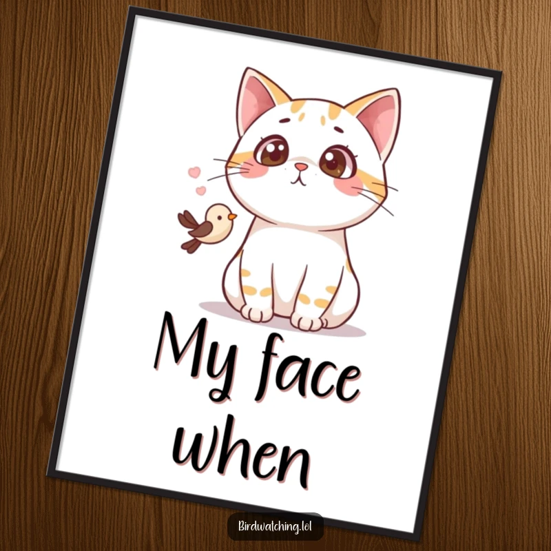 Funny surprised cat poster art, capturing a cat’s wide-eyed gasp at a small bird, adding humor to wall decor.