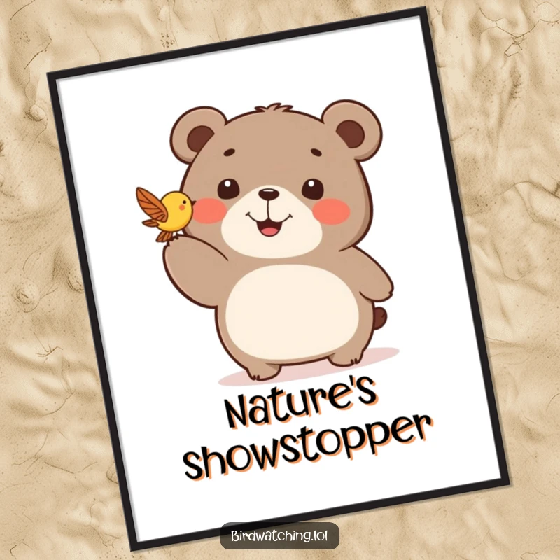 Funny poster print of a happy bear pointing with great excitement at a small, fluttering bird.