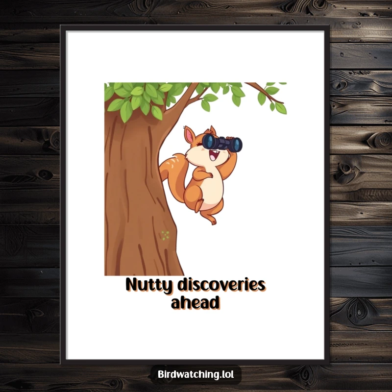 Funny Leaping Squirrel Poster: A funny and dynamic wall art piece of a squirrel mid-leap with binoculars, full of energy.