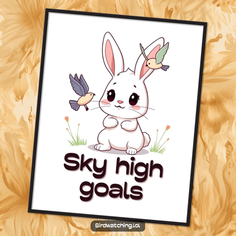 Funny Bunny Poster: A determined bunny observes a flying creature with intense focus. Whimsical decor.